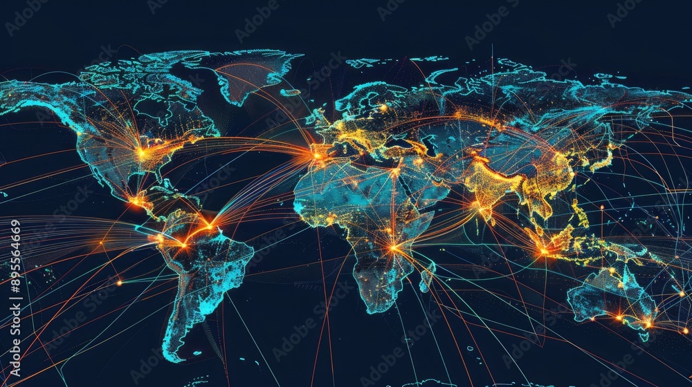 Poster visualization of global economic flow with digital map.