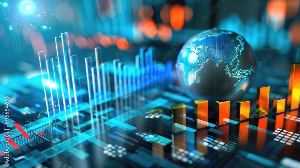 Poster visualization of global market trends with bar graphs and globe.