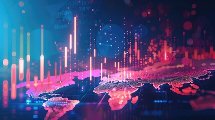 Obraz premium Visualization of global market trends with a world map background.