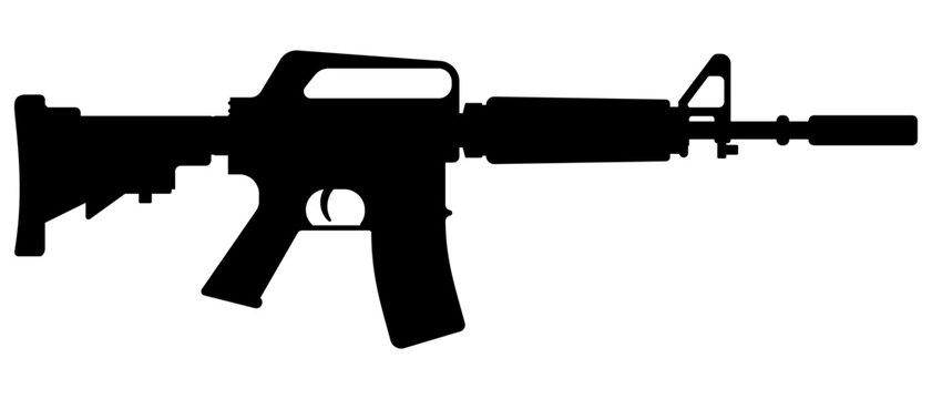 Firearms Military automatic machine gun weapon M 16 legendary assault rifle icon line art editable stroke vector illustration. Classic armament. Silhouette automatic tactical carbine.