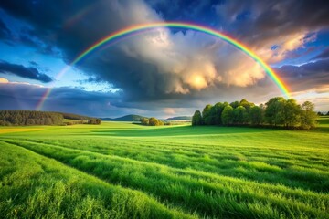 Naklejka premium rainbow appear above green meadow field on sky
