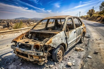 burnt and damaged car husk on road, Traffic break down accident