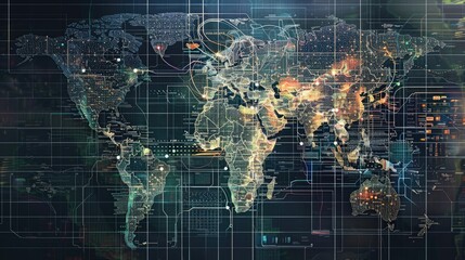 World map overlaid with international economic indicators.
