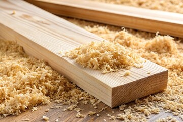 wood plank on sawdust pile. Carpentry industrial workshop 