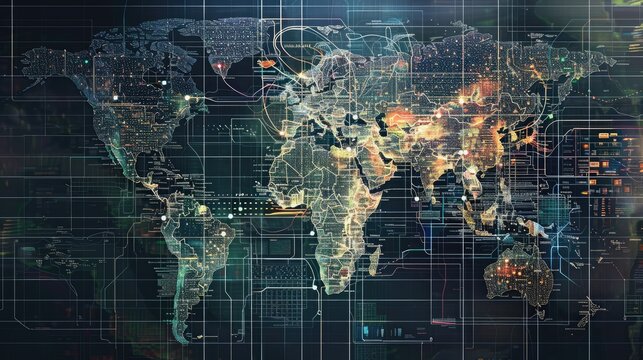 World map overlaid with international economic indicators.
