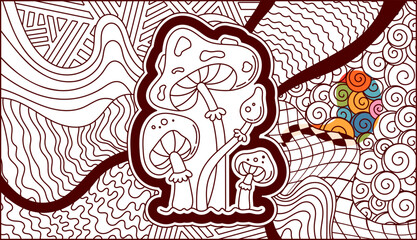 Coloring page with Psychedelic mushrooms and different shapes.