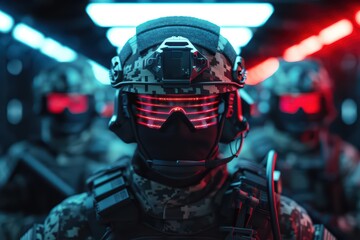 Fototapeta premium The military is represented by figures in radiant, hightech uniforms in an ultramodern, supernatural scene banner with copy space