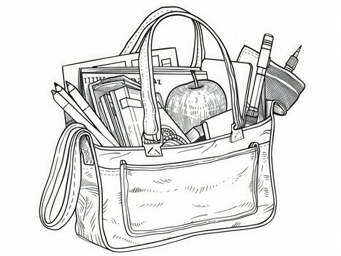 recommend clip art: Line art drawing of a school bag with books and an apple, monochrome vector clipart.