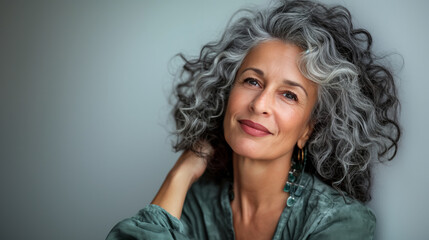 Portrait of a woman with naturally curly gray hair