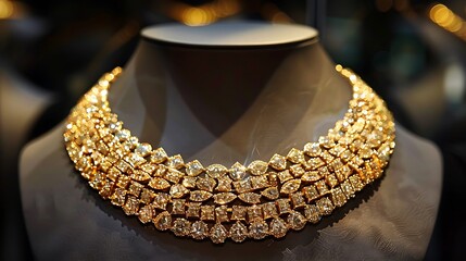 A chunky gold necklace with embedded diamonds