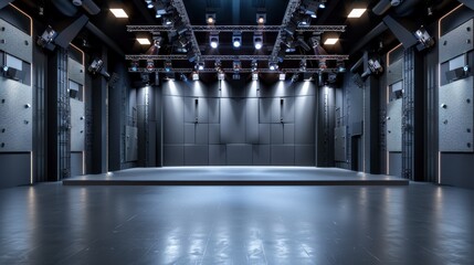 Modern empty stage with extensive lighting and audio equipment, ready for performances, presentations, or events. Industrial interior design.