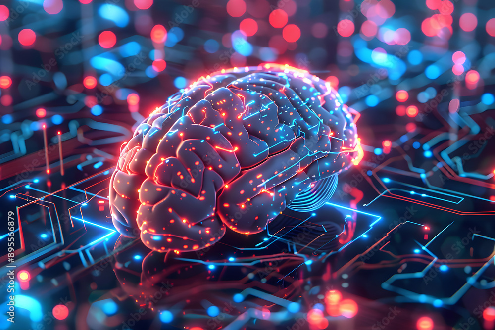 Poster neural circuit and electronic cyber brain in a quantum computing system, concept of artificial intel