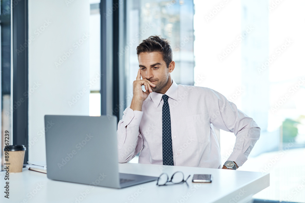 Poster desk, laptop and thinking with business man in office for administration, problem solving or researc