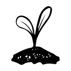 Plant seedling planted in ground with leaves hand drawn in doodle style. Hobby gardening. Natural economy. Growing flowers and vegetables. Vector line art illustration.