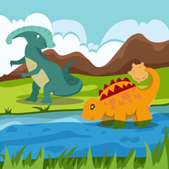 Cute dinosaur cartoon flat illustration of a cheerful up historical character for greeting card design, congratulation and invitation postcard creation.