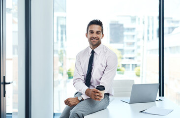 Portrait, smile and business man with coffee to relax on office break at desk. Happy entrepreneur, professional and worker drinking tea beverage at table with insurance consultant at company in Spain