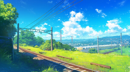 緑豊かな夏の風景と青空の電車路線