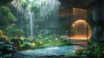 A futuristic garden with bioluminescent plants and holographic gardening tools, promoting green living 