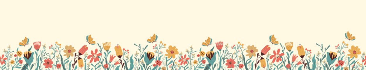 seamless floral background with flowers, butterfly, leaves. Summer botanical, plant illustration, objects isolated on white background. for print, banner, border with space for text. art vector