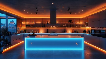 A high-tech kitchen with robotic cooking assistants and neon-infused kitchen appliances, promoting culinary creativity 