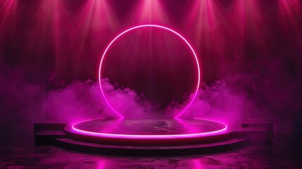 A vibrant, futuristic stage glowing with neon pink lights and fog, perfect for showcasing modern, high-tech presentations or live performances.
