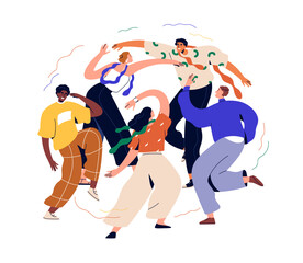 People dancing at discotheque. Happy young modern female, male characters in motion, moving and raving to music at disco party. Fun at nightclub. Flat vector illustration isolated on white background