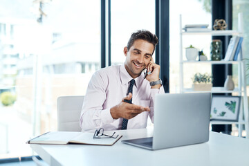 Laptop, phone call for feedback and financial advisor man in office for communication or online...