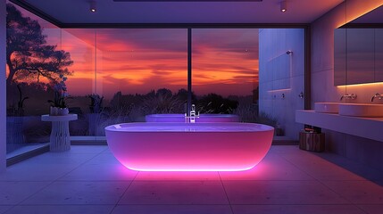 A modern bathroom with transparent fixtures and glowing ambient lighting, promoting relaxation 