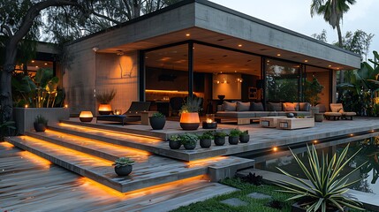 A modern patio with transparent outdoor furniture and glowing garden lights, promoting outdoor living 