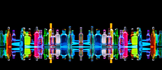various miniature bottles of alcohol without labels with black bacground