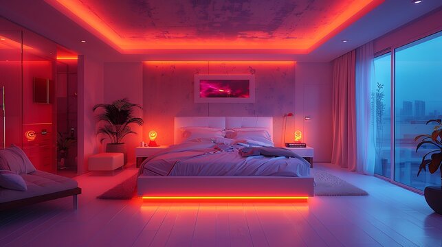A sleek bedroom with interactive digital sleep aids and neon-lit decor, promoting restful sleep 