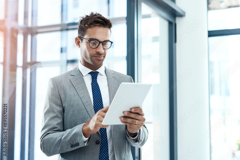 Poster thinking, businessman and internet with tablet in office for networking, risk assessment and audit p
