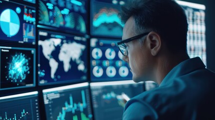 Manager reviewing algorithm performance on a futuristic dashboard, market analysis through advanced algorithms, Market, Manager Algorithms