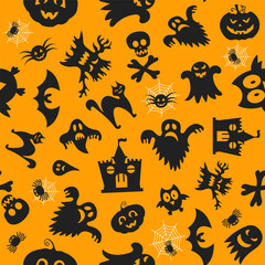 Seamless Halloween pattern on a yellow background. Vector illustration