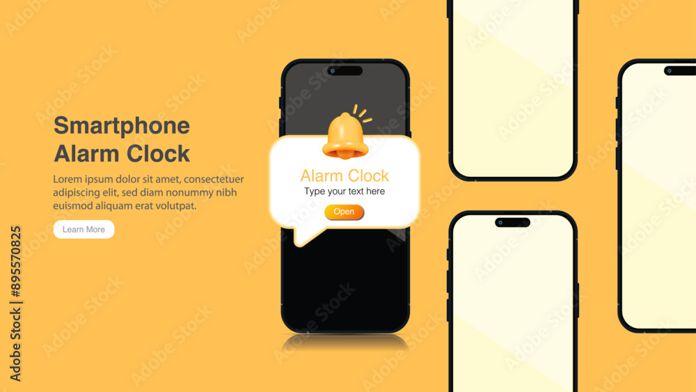 Poster smartphone alarm clock with alert ring bell mockup banner. front view of cell phone with notificatio