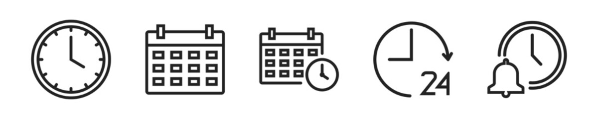 Time and Date icon set. Set of 5 outline icons related to time and date. Linear icon collection. Time and date outline icons collection. Editable stroke. Vector illustration.