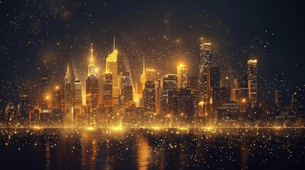 Fototapeta premium A breathtaking illustration of a city skyline illuminated with golden lights against a deep black background The sparkling effect creates a sense of luxury and sophistication