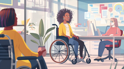 Office scene of a woman in a wheelchair participating in a job interview, showcasing a workplace 