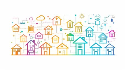 A colorful line art illustration depicting various houses connected by continuous lines