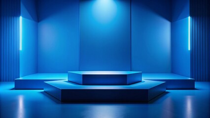 Fototapeta premium A monochrome blue scene with a blue platform and background, with subtle lighting creating depth and dimension without breaking the color scheme.
