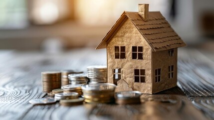 A small paper house model positioned next to neatly stacked coins