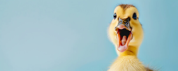 A close-up shot of a cute duckling with a surprised expression. The background is a light blue color, which enhances the vibrant yellow feathers and the adorable look of the duckling