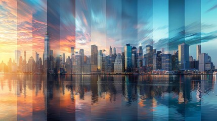 Fototapeta premium An artistic composite image of a city skyline transitioning from day to night