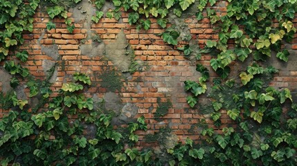 Green ivy on ancient brick wall backdrop