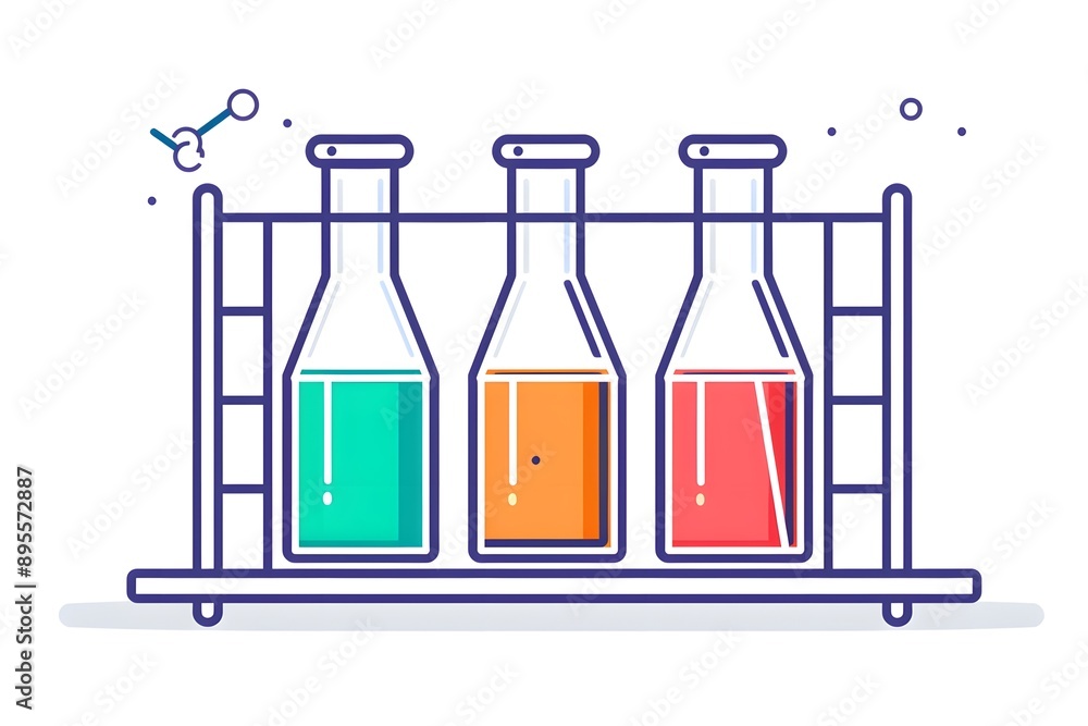Poster three bottles of colored liquids are lined up on a shelf