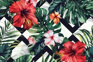 Tropical Leaves and Flowers on Checkered Background