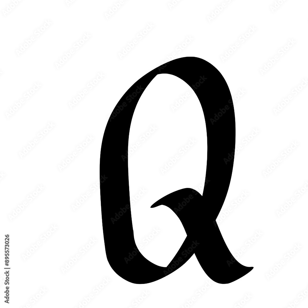 Poster the letter q is written in a cursive style. it is black and has a curved line at the bottom.