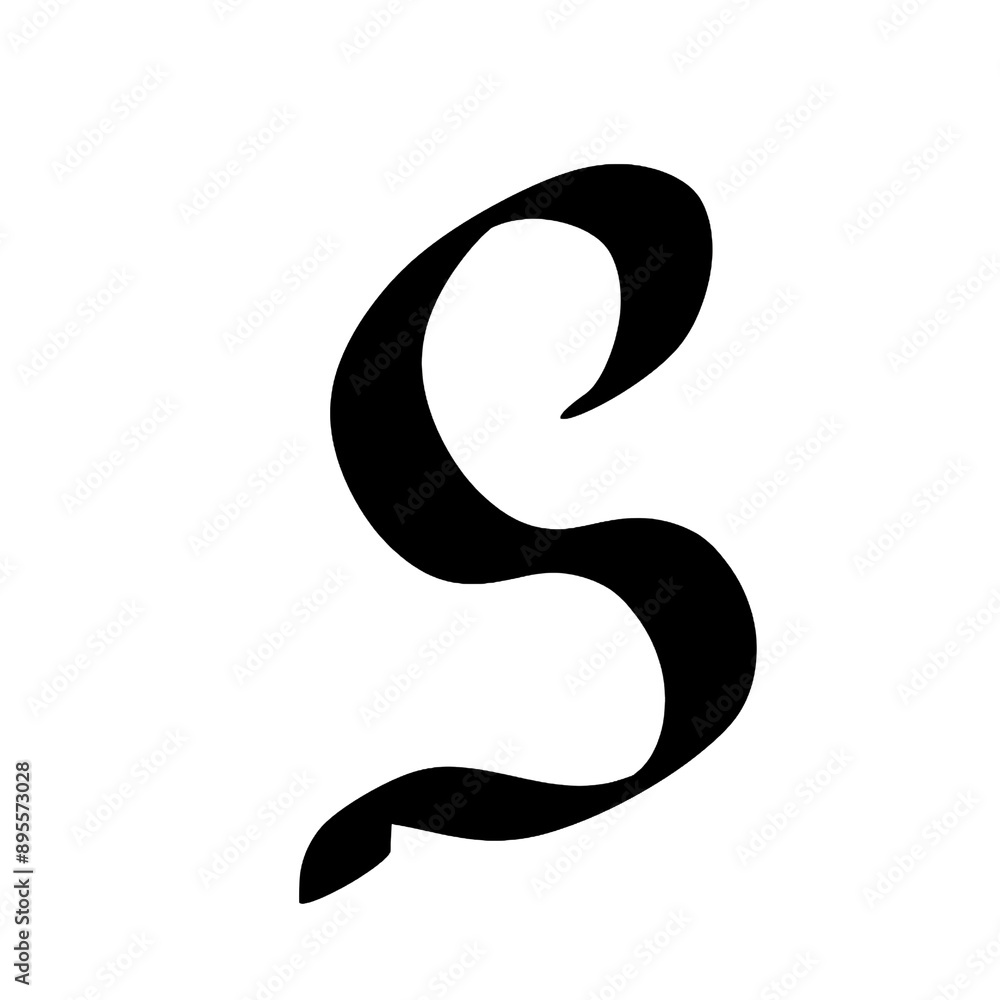 Poster the letter s is written in a cursive style. it is a single letter and is black in color.