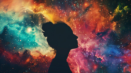 Universe goddess spirit silhouette on galaxy space background