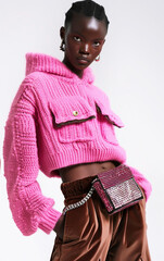 Fashion afro model in stylish street look and accessories bag.  y2k minimalist aesthetic.